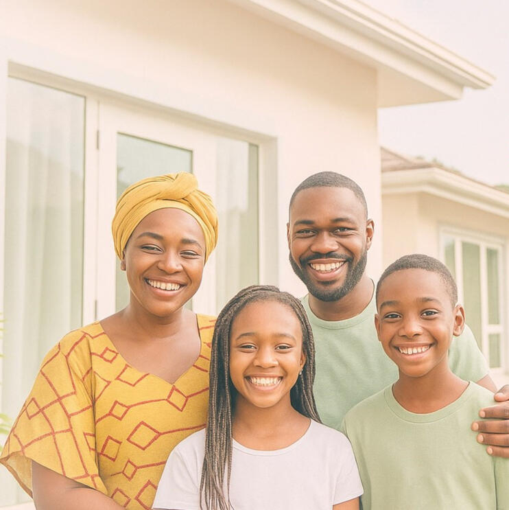 Happy Guests at Nesta Home A happy Nigerian family smiling in front of a home, representing guest satisfaction at Nesta accommodations